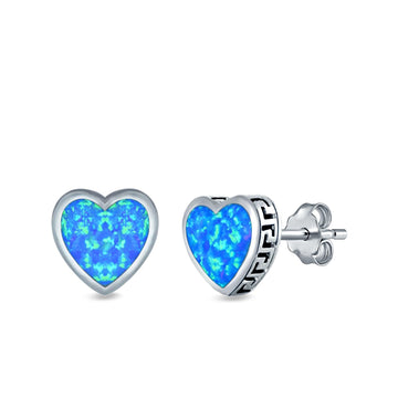 Heart Stud Earrings Lab Created Blue Opal 925 Sterling Silver (11mm)